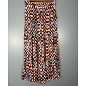 NWOT LOFT Floral Print Midi Skirt Blue Brown Pink Elastic Waist Size S